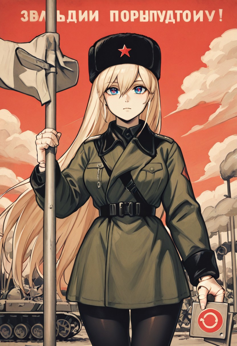 masterpiece, best quality, good quality, very aesthetic, absurdres, newest, 8K, depth of field,1girl, (tall, long straight hair, very long bangs, very light blonde hair, rainbow iris, colorful eyes, sharp focus, expressionless, holding stop traffic pole as a weapon, soviet propaganda poster, traditional media, retro artstyle, limited palette, multiple monochrome, cowboy shot, red sky, clouds, battlefield background, smoke, soviet, very ripped green military uniform, black ushanka, fur hat, black pantyhose, visible doll joints