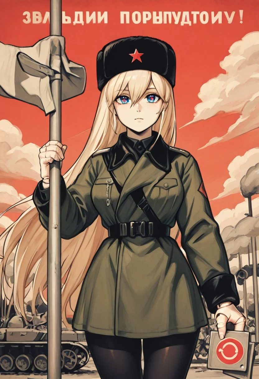 masterpiece, best quality, good quality, very aesthetic, absurdres, newest, 8K, depth of field,1girl, (tall, long straight hair, very long bangs, very light blonde hair, rainbow iris, colorful eyes, sharp focus, expressionless, holding stop traffic pole as a weapon, soviet propaganda poster, traditional media, retro artstyle, limited palette, multiple monochrome, cowboy shot, red sky, clouds, battlefield background, smoke, soviet, very ripped green military uniform, black ushanka, fur hat, black pantyhose, visible doll joints