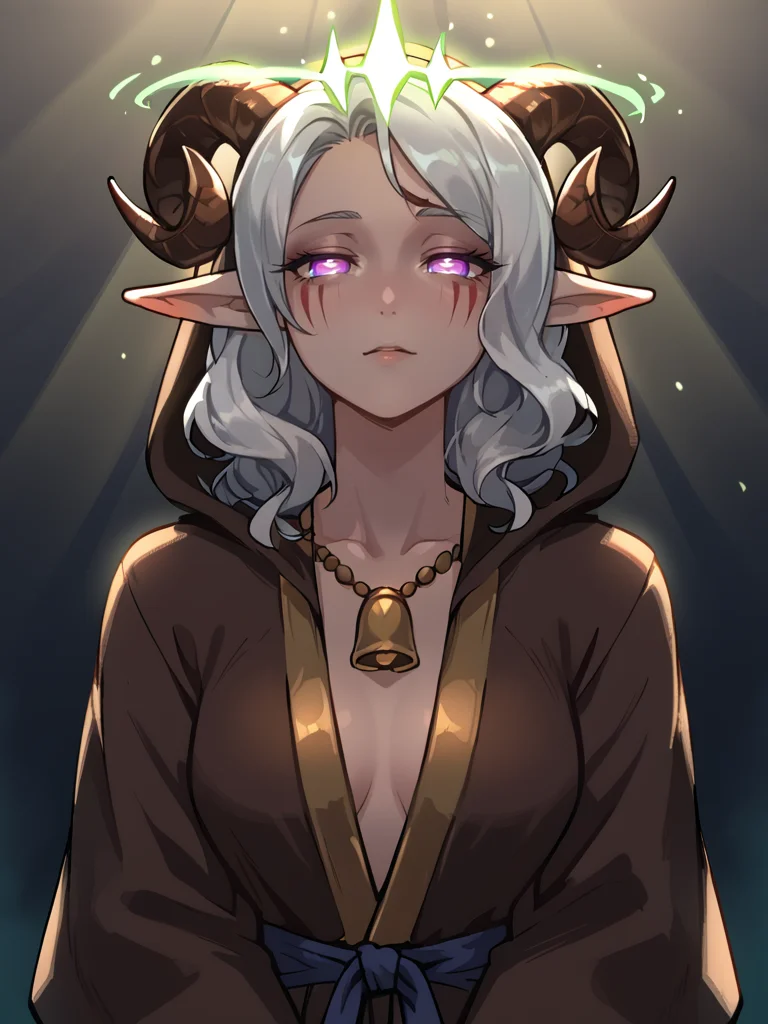 source_furry, score_7_up, rating_safe, cowboy shot, gold necklace, tiefing, short pointed ears, brown horns, (a pair of brown sheep Horns that begin at her temples and curve back: 1.5), bangs, long silver hair long wavy hair, pale skin, <lora:whisker_markings:0.8>red whisker_markings ,short pointy ears, purple eyes, <lora:age_slider_v4:0.6> medium breasts, skinny female, close up, silver hair, <lora:Tieflingnew weird fantasyDND:0.3> Tiefling, pointed ears, horns, <lora:Smooth Style 2 SDXL_LoRA_Pony Diffusion V6 XL:0.5> bell, robe, hood off,
spotlight,
<lora:Crown_of_Madness:0.8> glowing crown:0.7, (blue light):1.3, hypnosis, half-closed eyes, exciting