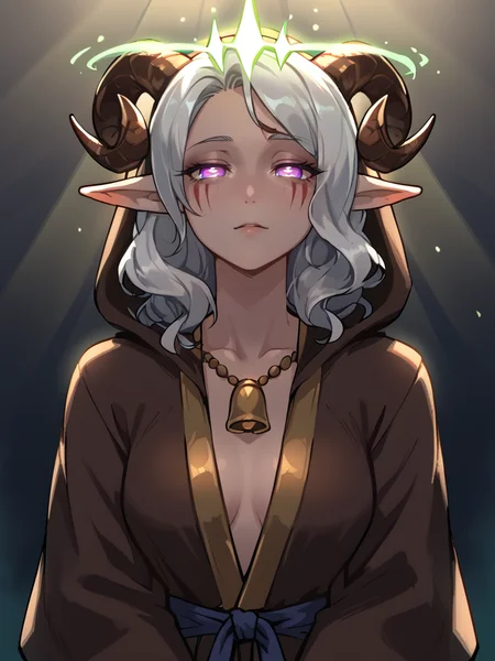 source_furry, score_7_up, rating_safe, cowboy shot, gold necklace, tiefing, short pointed ears, brown horns, (a pair of brown sheep Horns that begin at her temples and curve back: 1.5), bangs, long silver hair long wavy hair, pale skin, <lora:whisker_markings:0.8>red whisker_markings ,short pointy ears, purple eyes, <lora:age_slider_v4:0.6> medium breasts, skinny female, close up, silver hair, <lora:Tieflingnew weird fantasyDND:0.3> Tiefling, pointed ears, horns, <lora:Smooth Style 2 SDXL_LoRA_Pony Diffusion V6 XL:0.5> bell, robe, hood off,
spotlight,
<lora:Crown_of_Madness:0.8> glowing crown:0.7, (blue light):1.3, hypnosis, half-closed eyes, exciting