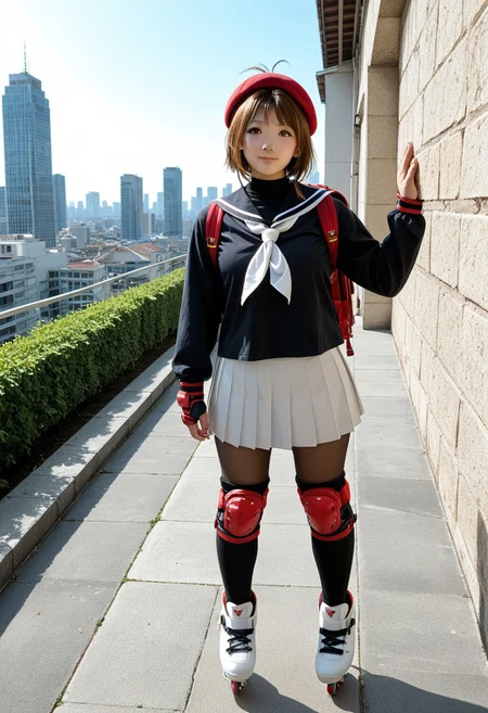 score_9, score_8, score_7, a high detail RAW color professional photo of a 18yo beautiful stunning plump woman posing for a picture, Kinomoto_Sakura, green_eyes, brown_hair, short_hair, antenna_hair, hair_intakes, perfect anatomy wide hips, narrow waist, broad shoulders, beret, white headwear, white_skirt, pleated_skirt, black_shirt, white_sailor_collar, white_neckerchief, long_sleeves, backpack, pantyhose, knee pad,elbow pad,wrist pad, inline skates, oversize clothes pose, standing, outdoors, cityscape, blue sky, soft lighting, 8k, perfect lighting, cinematic lighting, highly detailed eyes, highly detailed pupils, highly detailed face, highly detailed skin texture, highly detailed facial features, highly detailed hair texture, highly detailed body, highly detailed hands and fingers, highly detailed nails, highly detailed background, full-body shot, looking at the viewer, f/2.8, 50mm focal length, ISO 200, photographed on a Canon EOS 90D Camera