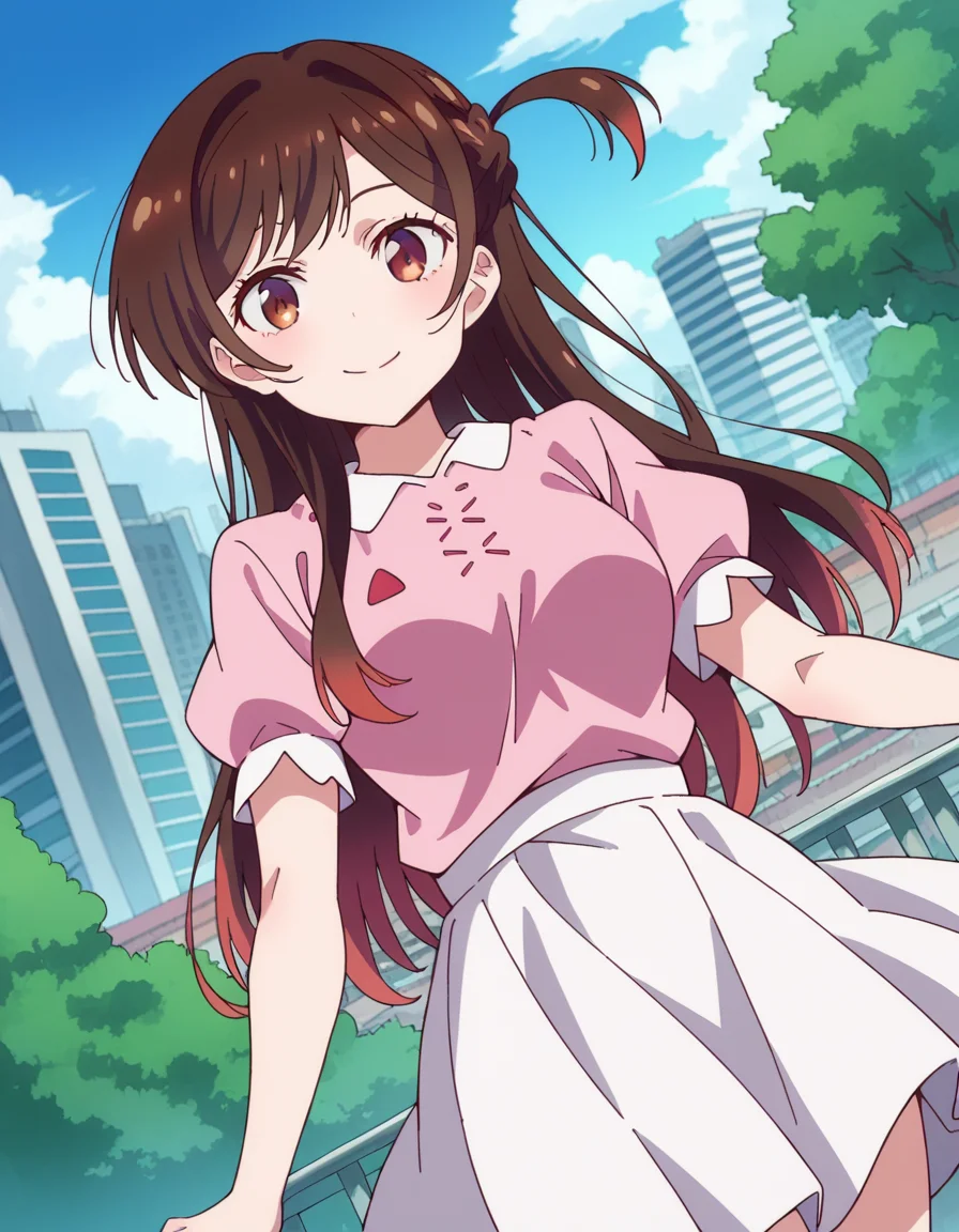 score_9, score_8_up, score_7_up, source_anime,
chizuruichinose, <lora:chizuru-ichinose-s1-ponyxl-lora-nochekaiser:1>,
chizuru ichinose, long hair, bangs, brown hair, brown eyes, one side up,
skirt, shirt, short sleeves, puffy sleeves, puffy short sleeves, white skirt, pink shirt,
outdoors, cityscape, smile,
looking at viewer, cowboy shot, solo, dutch angle,