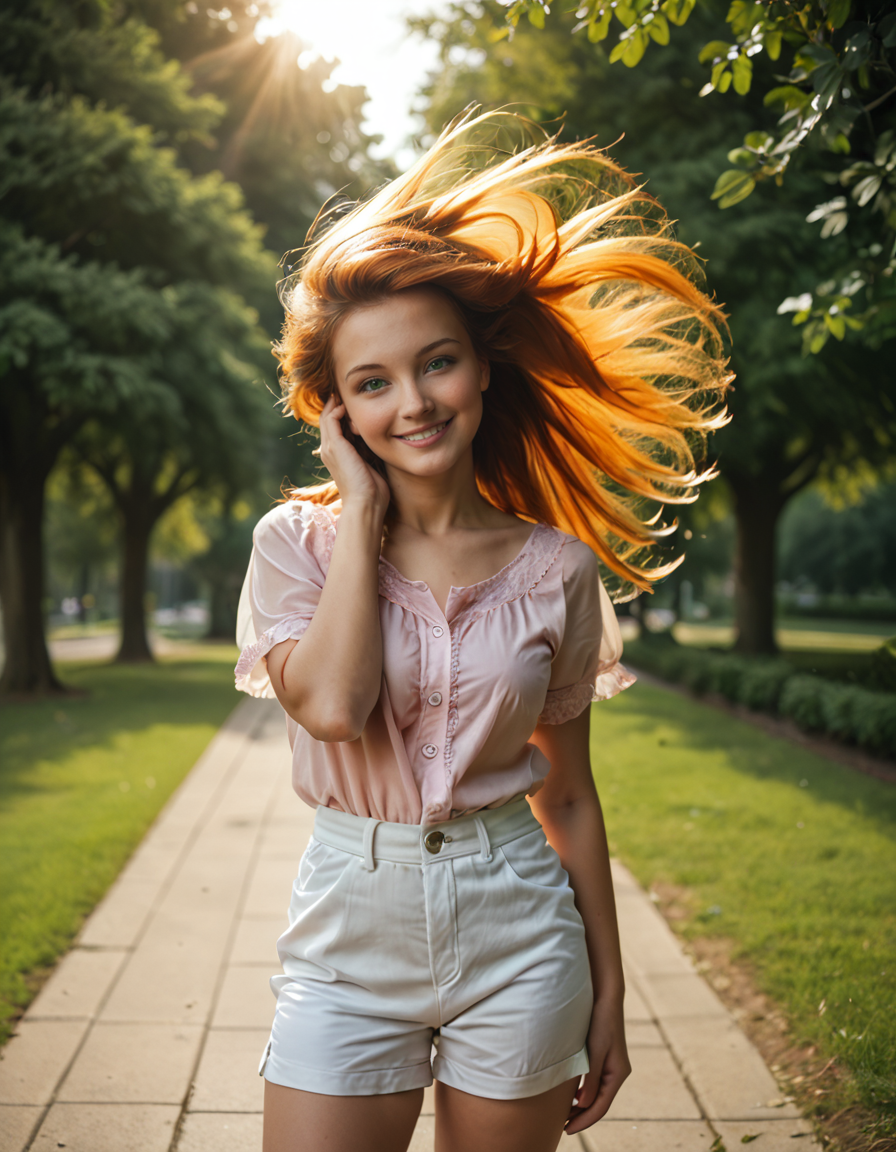 1girl, solo, green eyes, medium breasts, orange hair, long hair, hair swish, floating hair, big hair, (head tilt:1.3), looking at viewer, seductive smile, teeth, translucent hair, adjusting hair,
pink blouse, white shorts, sunlight, park, wind,
cowboy shot, straight-on,<lora:Hair_Swish_Pony:1>