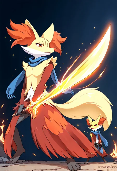 1boy Delphox Holding Plasma Sword, yellow Plasma Sword, brave-perspective, blue scarf