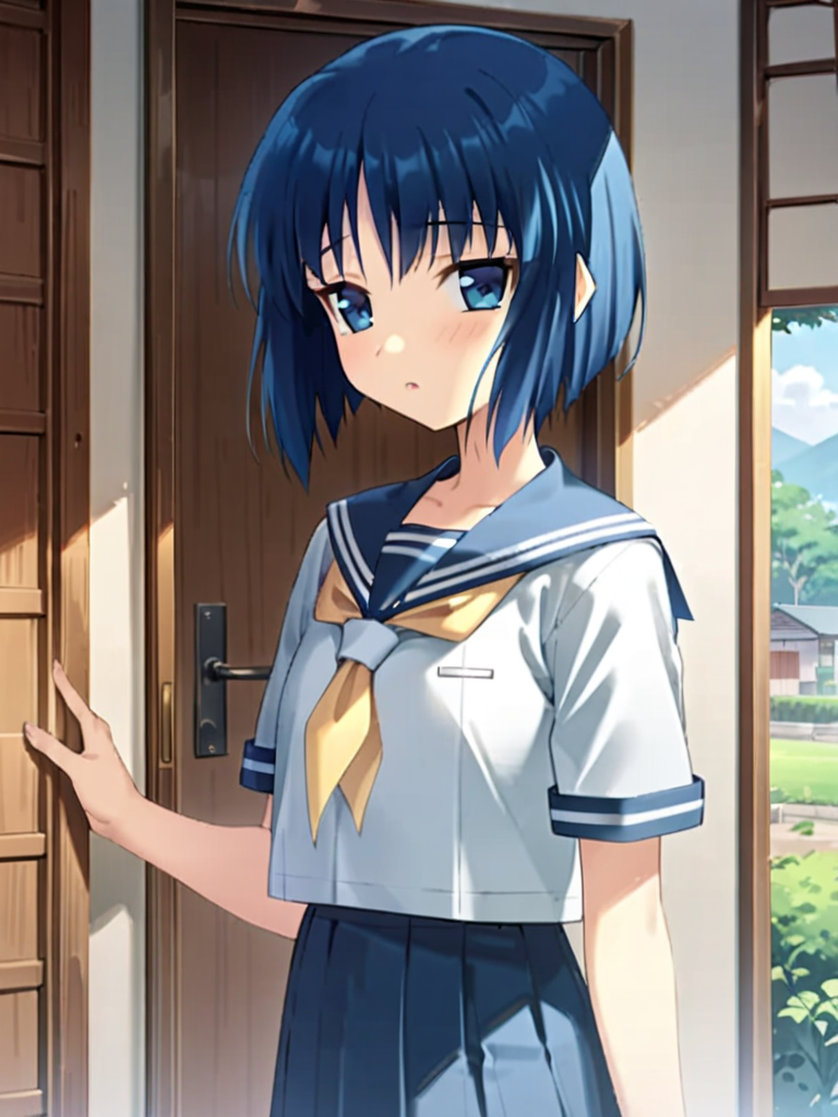 1girl, kaede, kizuato, school uniform,standing, looking at viewer, '',
school uniform, serahuku,
standing in front of house door, wall, in countryside, in outdoor, (cowboy shot), 
(long shot:1.5),
(from front:1.5),
masterpiece, best quality, very aesthetic, absurdres, latest, ''
<lora:kaede-xl-v2-000020:0.8>