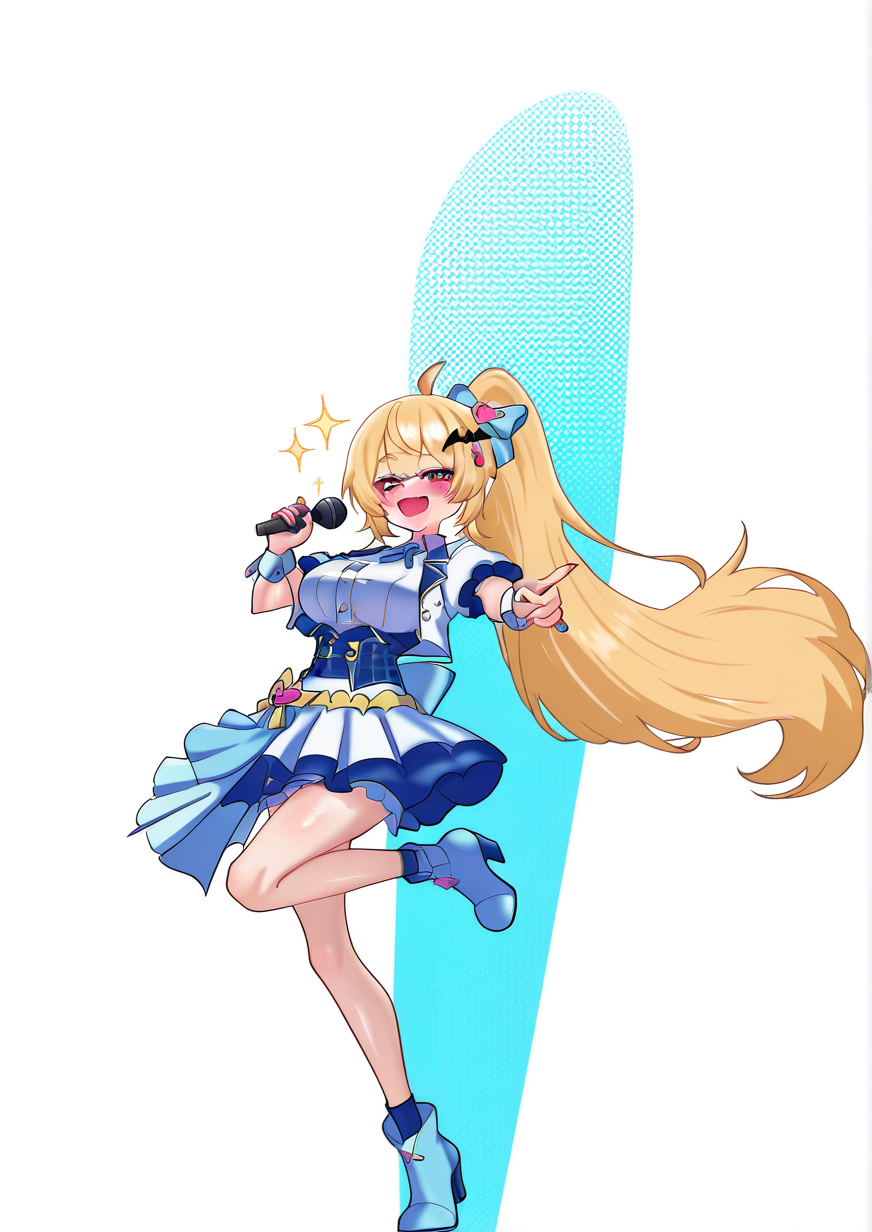 <lora:oldsickkim:1.2>,1girl, yozora mel, huge breasts, :d, ahoge, alternate hairstyle, ankle boots, back bow, bat hair ornament, beads, blonde hair, blue bow, blue corset, blue footwear, blue gemstone, blue ribbon, blue sash, blue skirt, blush, boots, bow, breasts, buttons, collared jacket, corset, cropped jacket, curly hair, double-parted bangs, dress shirt, fang, footwear bow, frilled skirt, frills, full body, gem, gold bow, gold ribbon, gold trim, hair bow, hair ornament, hairclip, half-skirt, heel up, high heel boots, high heels, holding, holding microphone, idol, idol clothes, jacket, lapels, large bow, leg up, long hair, looking at viewer, microphone, neck ribbon, notched lapels, official alternate costume, open clothes, open jacket, open mouth, outstretched arm, overskirt, pink gemstone, plaid, plaid bow, pointing, pointing at viewer, puffy short sleeves, puffy sleeves, red eyes, ribbon, sash, shirt, short-sleeved jacket, short sleeves, skin fang, skirt, smile, solo, sparkle, standing, standing on one leg, star ornament, striped bow, striped ribbon, striped sash, tachi-e, two-sided fabric, underbust, waist bow, white bow, white jacket, white sash, white shirt, white skirt, white wrist cuffs, wrist cuffs, yellow bow,  very awa, masterpiece, best quality,highres, absurdes,amazing quality