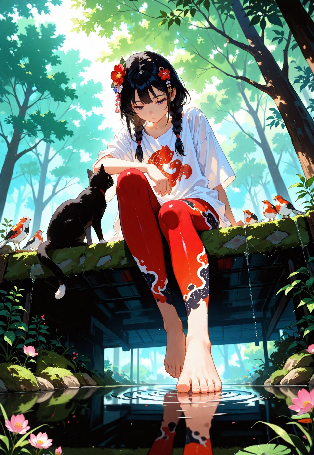  masterpiece, best quality, good quality, very awa, very aesthetic, absurdres, newest, 
1girl, black hair, twin braids, kanzashi, side locks, hair ornament, looking down, sitting, pond, oversized shirt, white shirt, koi print, red leggins, toes touching water, reflection, ripples, (black cat:0.8), arm rest, outdoors, trees, plants, flowers, moss, bird, lush nature, dappled sunlight, from below, straight on