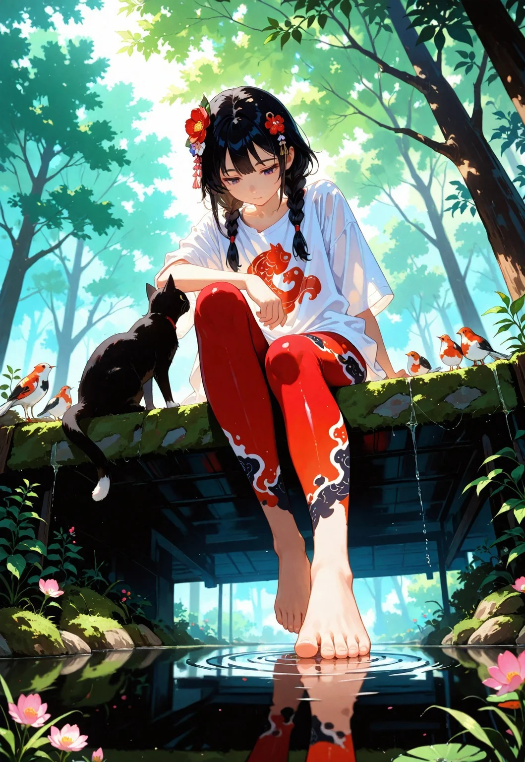 masterpiece, best quality, good quality, very awa, very aesthetic, absurdres, newest,
1girl, black hair, twin braids, kanzashi, side locks, hair ornament, looking down, sitting, pond, oversized shirt, white shirt, koi print, red leggins, toes touching water, reflection, ripples, (black cat:0.8), arm rest, outdoors, trees, plants, flowers, moss, bird, lush nature, dappled sunlight, from below, straight on