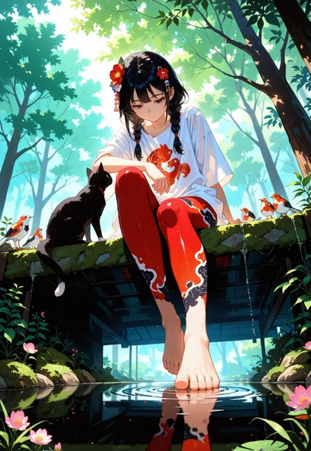  masterpiece, best quality, good quality, very awa, very aesthetic, absurdres, newest, 
1girl, black hair, twin braids, kanzashi, side locks, hair ornament, looking down, sitting, pond, oversized shirt, white shirt, koi print, red leggins, toes touching water, reflection, ripples, (black cat:0.8), arm rest, outdoors, trees, plants, flowers, moss, bird, lush nature, dappled sunlight, from below, straight on