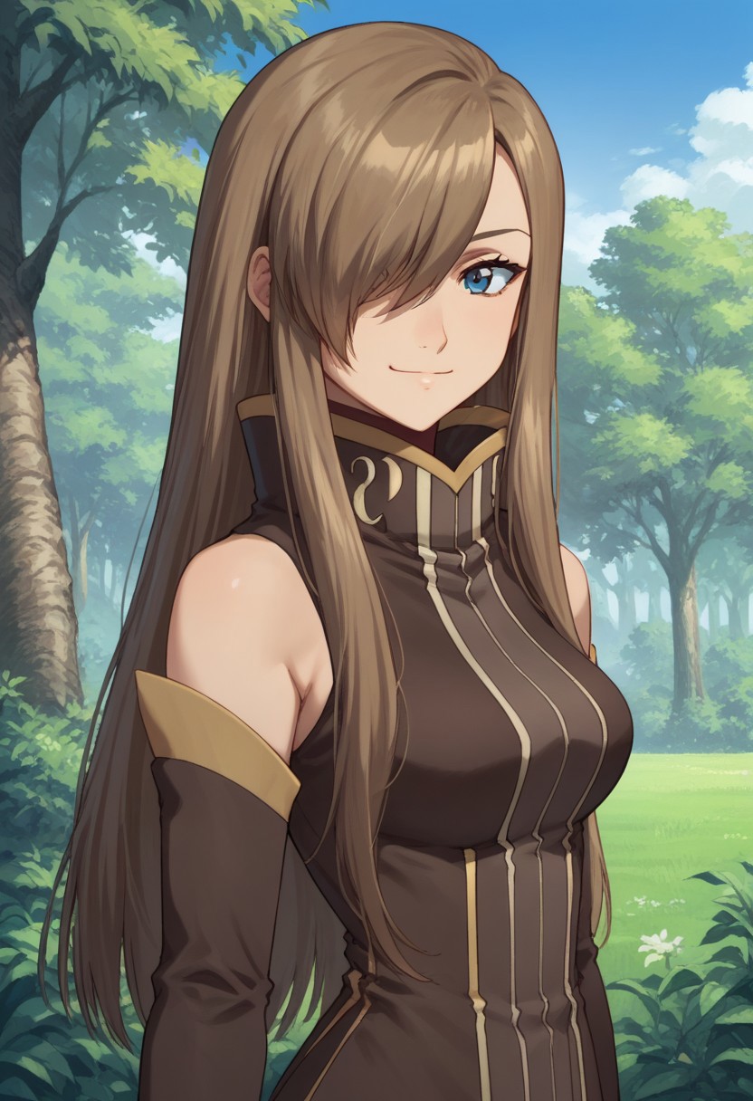 score_9, score_8_up, score_7_up, source_anime, highly detailed,    
teagrant, 1girl, solo, long hair, brown hair, blue eyes, dress, brown dress, high collar, gloves, hair over one eye, smile, detached sleeves, upper body,
outdoor, sky, trees,