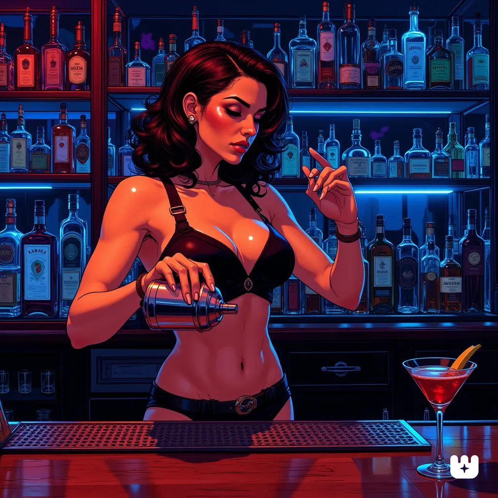 Miranda Lawson as a sultry bartender in her impossible clothing with skindentation, the attire comprises a deep v-neck sleeveless top and a miniskirt, emphasizing her alluring curvaceous physique; the scene shows her mid-action behind a polished wooden bar. Her experienced hands vigorously shake a silver cocktail shaker, with dynamic movement emphasized by her jiggling breasts and shaking hips. A perfectly prepared martini glass waits on the counter before her, containing a rich amber liquid. The scene is illuminated by directional neon lighting in cool blues and warm reds, creating high contrast and casting deep shadows across the bar. Behind her stands an impressive rack meticulously lined with various spirits in bottles of different shapes and sizes, their glass surfaces subtly reflecting the ambient light. The entire scene is viewed from a customer's perspective, rendered with solid, definitive lines emphasizing every detail from the bartender's focused expression 