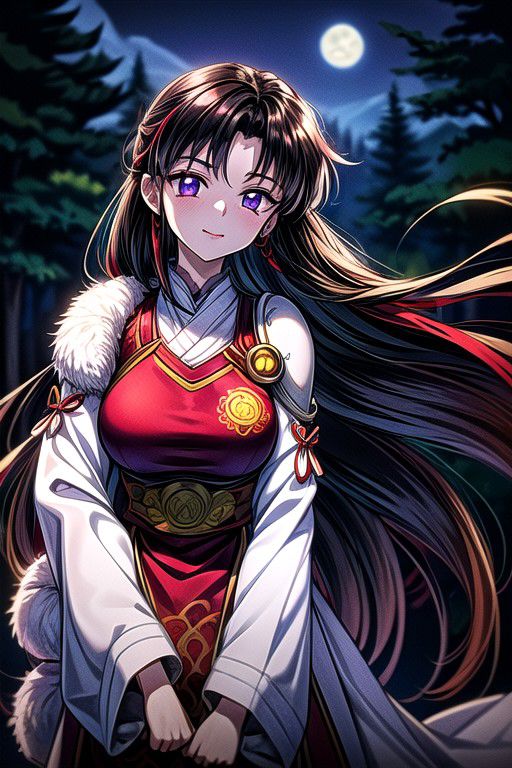 masterpiece,  best quality 1girl Setsun4 solo long hair,  (night time) forest background black hair very long hair purple eyes multicolored hair armor (fur trim) (medium body),<lora:EMS-179-EMS:0.800000>,<lora:EMS-293862-EMS:0.800000> bow, hair_bow, hair_tubes, red_bow, brown_hair, long_hair, bangs, ascot, frilled_bow, yellow_ascot, blush, smile, hair_between_eyes, athletic, armor, miko, ,(((intricate outfit,intricate clothes,embroidered outfit,ornate outfit,embroidered clothes,ornate clothes))),
