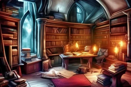 a fantasy bedroom that is also the owner's personal library with books everywhere
FanStu