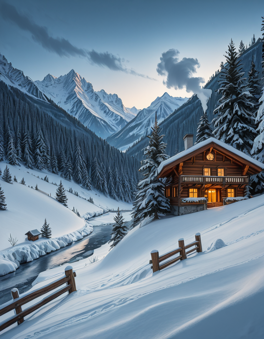 A stunning winter scene in the Tyrol region of Austria. A charming wooden chalet with traditional alpine architecture stands on a gentle snow-covered slope, surrounded by dense evergreen forests blanketed in fresh snow. The chaletâs warm interior lights glow softly through its large windows, creating a cozy contrast against the cool twilight hues of the sky. A plume of smoke drifts from the chimney, hinting at a roaring fireplace inside. In the foreground, a small wooden fence is partially buried under the snow, while a frozen river winds through the valley, reflecting the moonlight. Towering, snow-capped peaks of the Austrian Alps dominate the background, adding a breathtaking sense of grandeur. Snowflakes gently fall, adding movement and depth to the peaceful, picturesque scene. The image is hyper-realistic, capturing the intricate textures of the wood, snow, and ice, with cinematic lighting that highlights the magical winter ambiance.
<lora:SDXLFaeTastic2400:0.4> <lora:extremely_detailed:0.4> extremely detailed,winter scene in the Tyr0l, <lora:winter_scene_in_the_Tyr0l-i:1>, Masterpiece,best quality,hi res,8k,hi res,8k,award winning,(sharp focus, intricate, highly detailed),