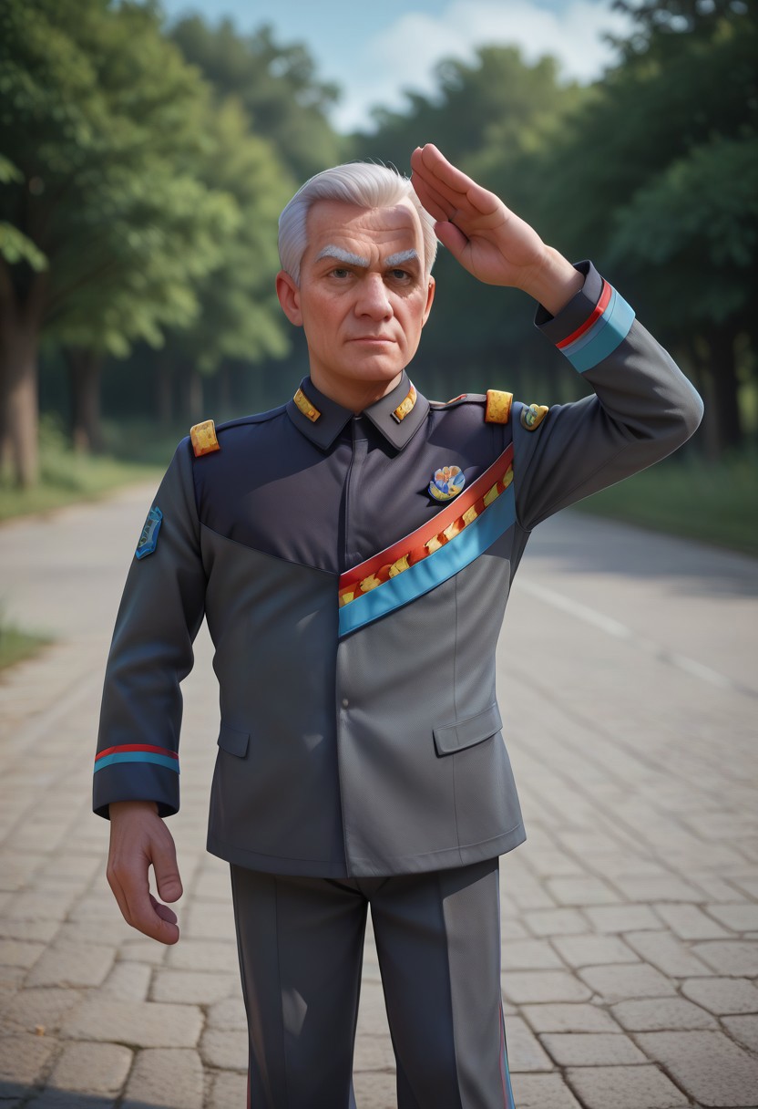 score_9, score_8_up, score_7_up, (best quality:1.1), ultra-detailed, high resolution, 8k, Commander, white hair, serious, gray military uniform, salute, black pants, military base, BREAK outside, Rich, Detailed background, ambient light