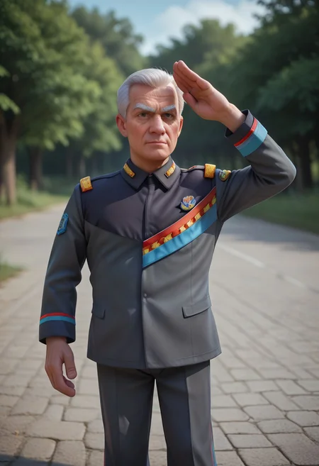 score_9, score_8_up, score_7_up, (best quality:1.1), ultra-detailed, high resolution, 8k, Commander, white hair, serious, gray military uniform, salute, black pants, military base, BREAK outside, Rich, Detailed background, ambient light