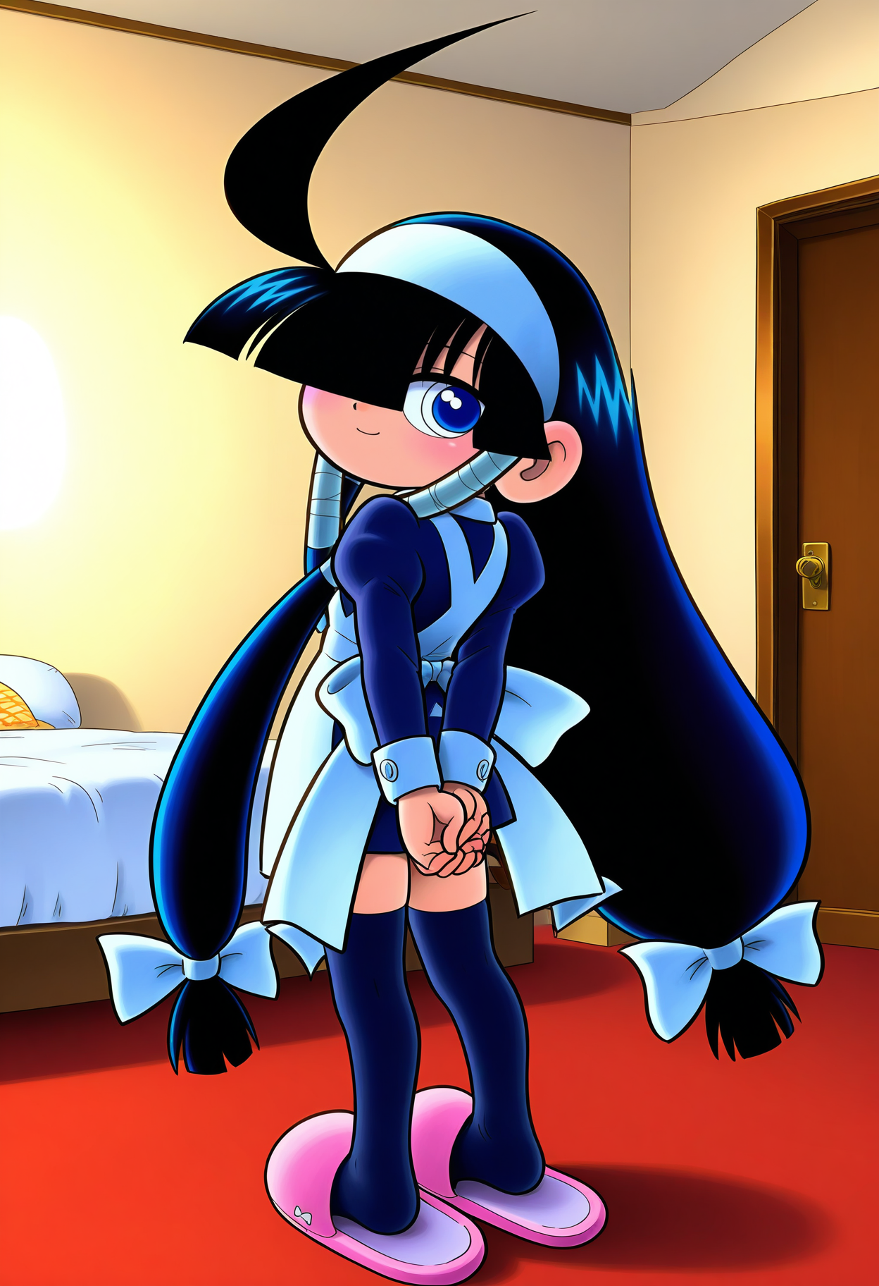 <lora:rukuruku_IL:1>rukuruku, 1girl, solo, long hair, looking at viewer, smile, 
blue eyes, very long black hair, white hair bow, white hairband, blunt bangs, hair over one eye, hair tubes, low-tied long hair, 
black dress, ahoge, black thighhighs, white apron, zettai ryouiki, black thighhighs, slippers, long sleeves, 
arms behind back, 
butt-turning, from behind, looking back,
BREAK indoors, bedroom,