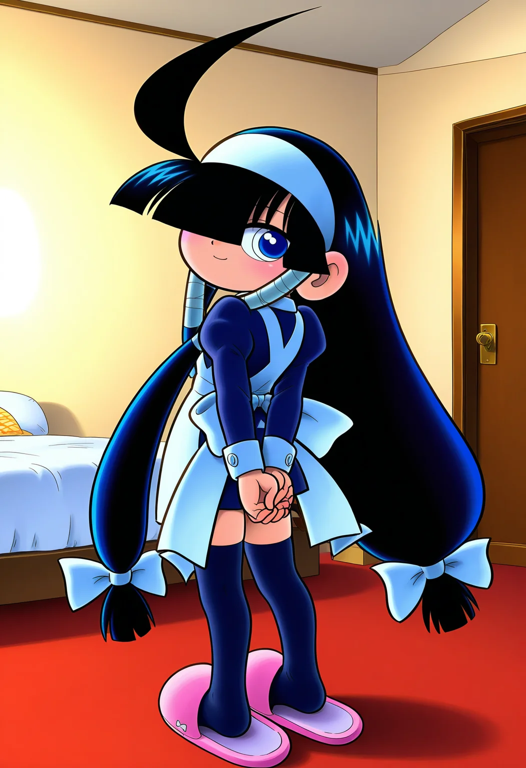 <lora:rukuruku_IL:1>rukuruku, 1girl, solo, long hair, looking at viewer, smile,
blue eyes, very long black hair, white hair bow, white hairband, blunt bangs, hair over one eye, hair tubes, low-tied long hair,
black dress, ahoge, black thighhighs, white apron, zettai ryouiki, black thighhighs, slippers, long sleeves,
arms behind back,
butt-turning, from behind, looking back,
BREAK indoors, bedroom,