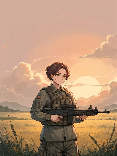 score_8_up, score_7_up, score_6_up, source_anime, 1girl, solo, field, sunrise, holding gun, assault rifle
expressionless, mature female
platecarrier <lora:Plate_Carrier:1>
tactical clothes