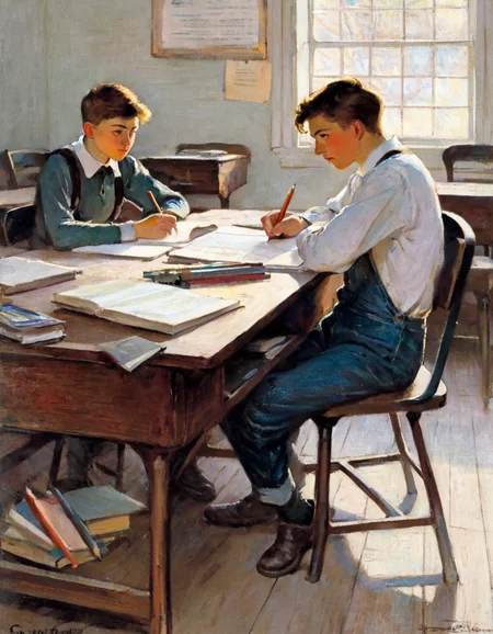 Dunn painting depicting students sitting at desks in an indoor classroom, engaged in scholastic activities. The main subject, a young boy with light hair, sits in the foreground. Dressed in a light-colored shirt and denim overalls rolled up to his knees, he is seated at an antique wooden topped school desk with decorative metal supports. The boy is writing on a piece of paper with a pencil, his gaze slightly upward and to the right, suggesting focused effort or contemplation. His feet are bare. Beside him, slightly behind, another student is also working at a similar desk. More students are seated in the background, their forms somewhat obscured, but all appear to be similarly engaged in their schoolwork. The room is lit by light coming in from the window spaces, and the interior appears to be a scholastic classroom. The desks in the foreground are aged, and in good condition, with the manufacturerâs name embossed on their sides. The child seems to be using the desk with attentiveness. set in the 1910s <lora:HDunn1-000006:1>