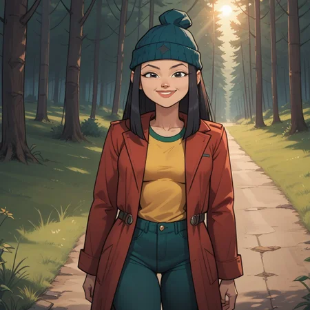 score_9, score_8, BREAK, solo, black hair, beanie, lips, red coat, yellow shirt, dark green pants, sneakers, breasts, total drama, Mary_Kate_(Total_Drama), sexy pose, self portrait, smile, outdoors, sunlight, shadows, evening lighting, natural lighting, forest, trees, grass, orange sky, sunset