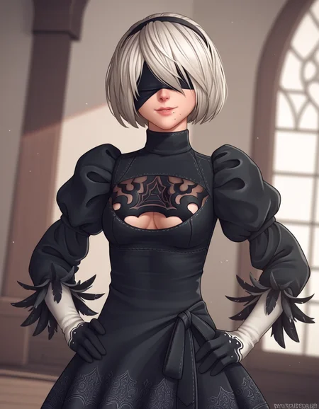 score_9, score_8_up, score_7_up, source_anime, <lora:2b-ingame-ponyxl-lora-nochekaiser:1>, 2b, yorha no. 2 type b, short hair, white hair, hairband, mole, black hairband, mole under mouth, blindfold, covered eyes, black blindfold,, gloves, long sleeves, dress, puffy sleeves, black dress, clothing cutout, cleavage cutout, juliet sleeves, feather-trimmed sleeves,, indoors, smug, smile, looking at viewer, solo, hands on hips,, cowboy shot, dutch angle