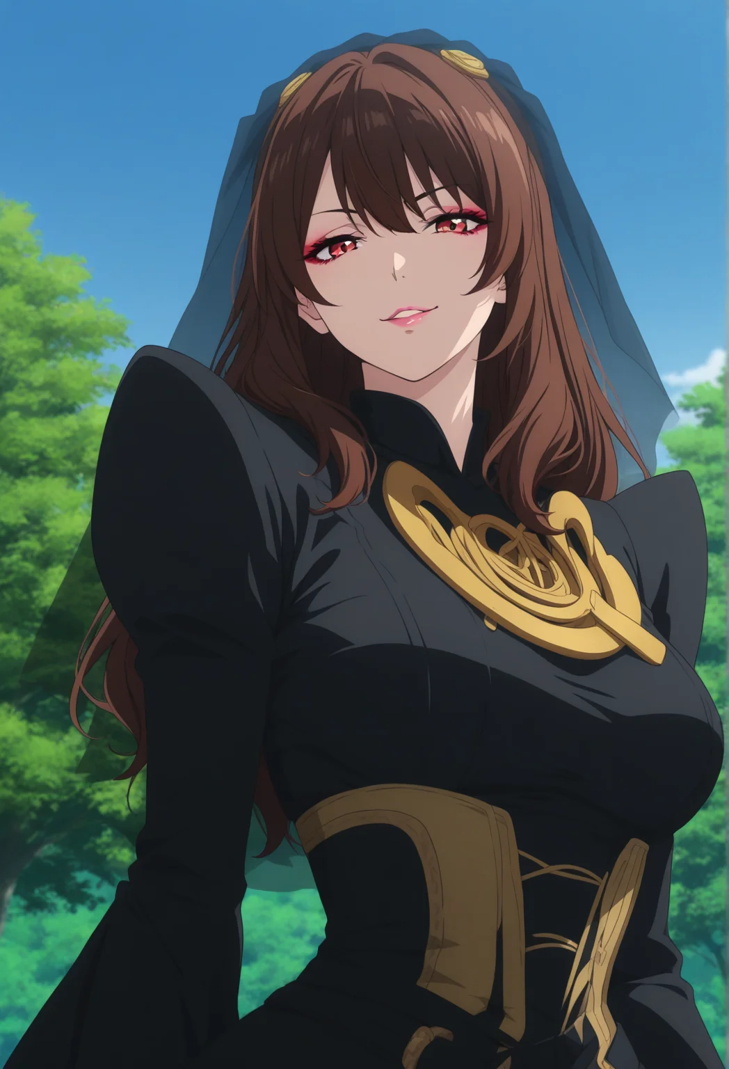 anime_screenshot, anime_coloring, solo, 1girl, gotchalachesis, makeup, beautiful eyes, long hair, brown hair, eyeliner, veil, black dress, upper body, looking at viewer, curvy, parted lips, smirk, outside, sky, trees,