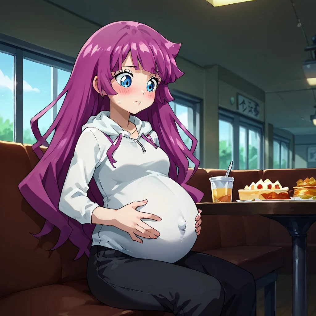 sscore_9, score_8_up, score_7_up, source_anime, highly detailed,
rominkassidy, 1girl, solo, blue eyes, long hair, purple hair, hoodie,
bangs, pants,
indoor, pregnant, hyper preg, hands on belly, restaurant, pants button pop, table, chair, sitting, food, exhausted, blushing, looking down, blushing