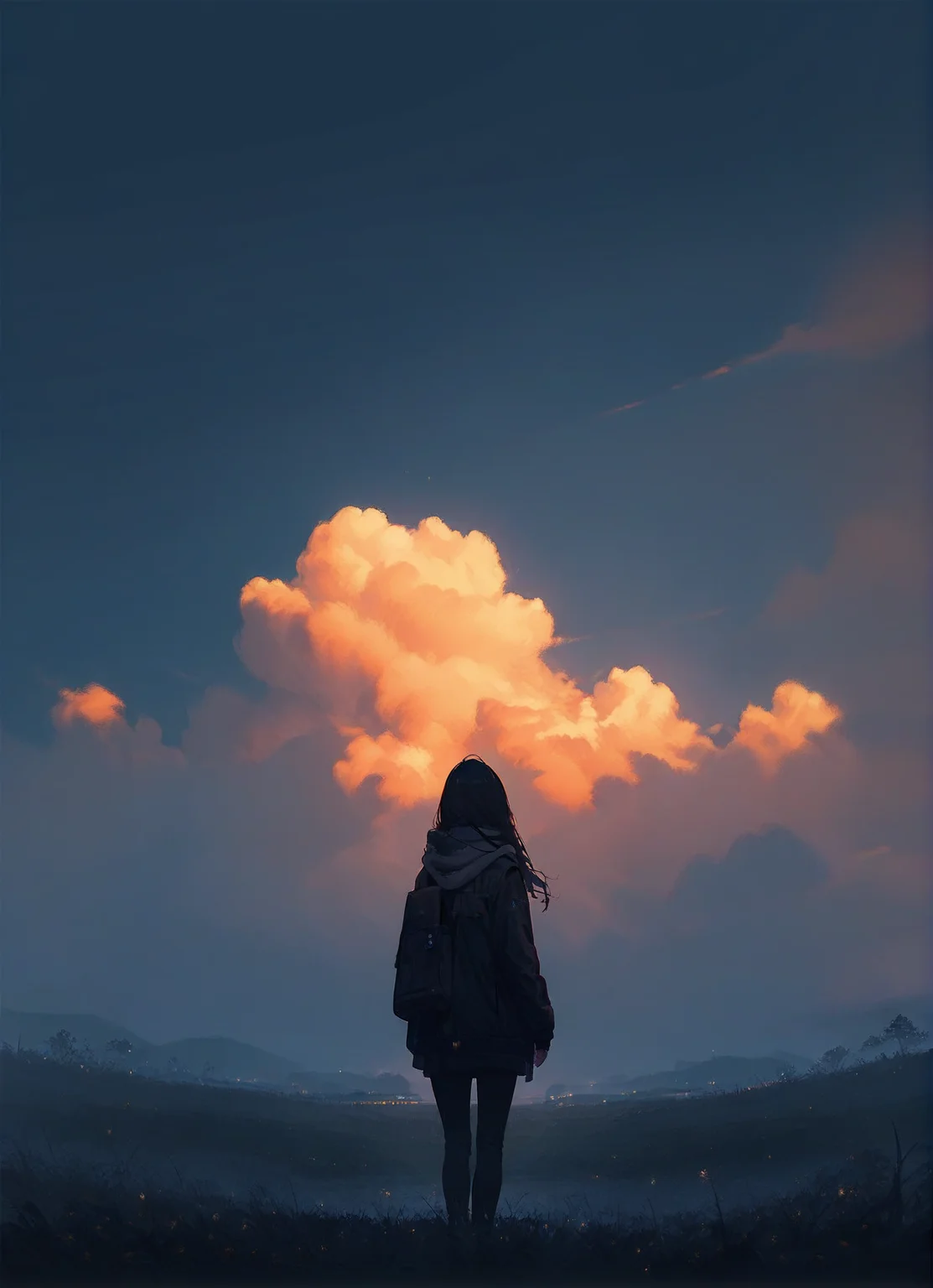 score_9,score_8_up,score_7_up,1girl, solo, sky, cloud, outdoors, scenery, black hair, grass, from behind, long hair, standing, cloudy sky, dark, hood, sunset, bag, jacket, night, scarf, long sleeves, facing away