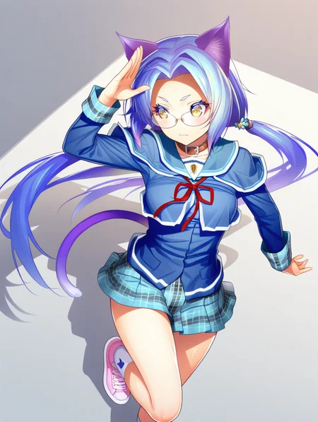 perfect quality,best quality,absolutely eye-catching,ambient occlusion,raytracing BREAK
1girl,<lora:merikuru seisyunn IL v1.1:1>,seisyunn,green eyes,cat ears,blue hair,low twintails,glasses,blue school uniform,pleated skirt,plaid skirt,neck belt,miniskirt,socks,pink shoes,cat tail,long sleeves,, from above, looking away,upper_body,closed mouth,double_v,salute,legs_up,
