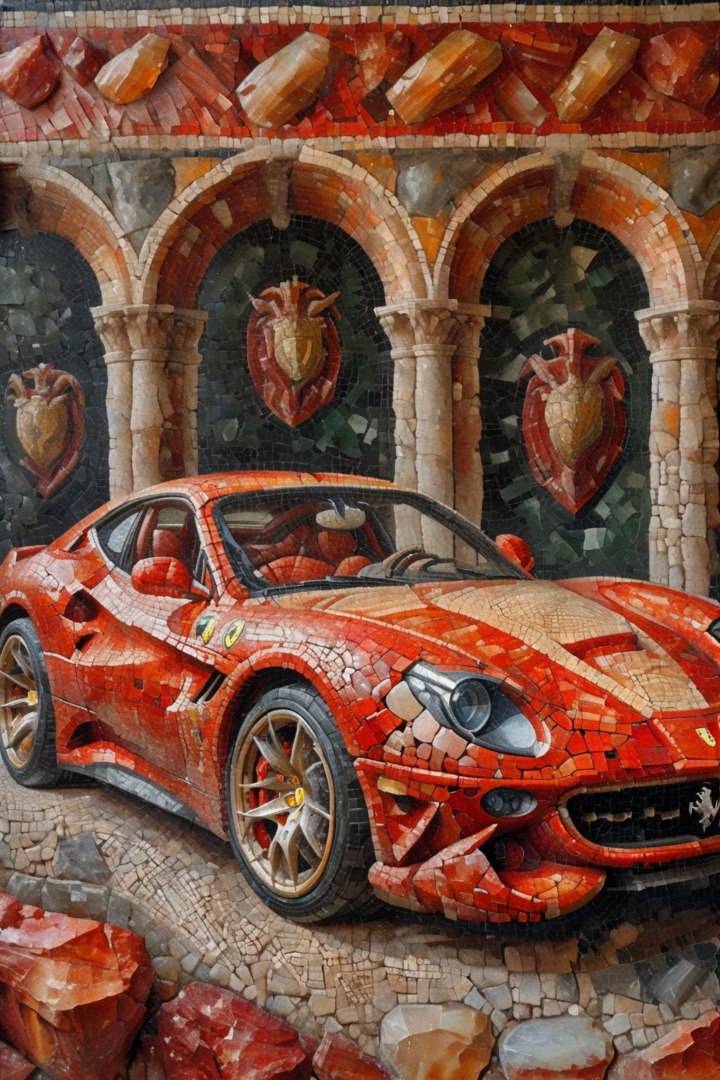 <lora:ral-ntrgmstn-sdxl:0.9>,<lora:Roman_Mosaic:0.8>,a highly detailed pastel oil painting of ral-ntrgmstn roman mosaic of red Ferrari,, (masterpiece, best quality, high quality, highres, ultra-detailed),