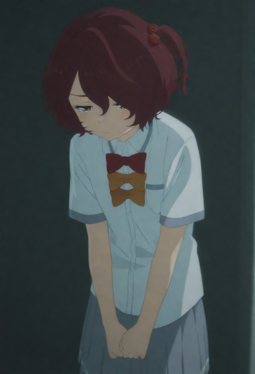 masterpiece, best quality, amazing quality,,, shiny skin,,,,,,anime coloring,anime screencap, ,, official art,,,,, <lora:Komari_Illustrious:0.9> komari_chika, yellow_eyes, brown_hair, short_hair, one_side_up,, school_uniform, white_shirt, collared_shirt, bow, pleated_skirt, grey_skirt, short_sleeves,