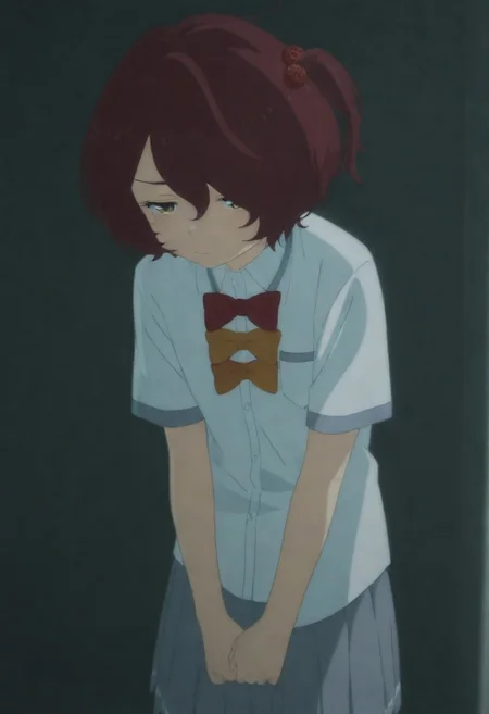 masterpiece, best quality, amazing quality,,, shiny skin,,,,,,anime coloring,anime screencap, ,, official art,,,,, <lora:Komari_Illustrious:0.9> komari_chika, yellow_eyes, brown_hair, short_hair, one_side_up,, school_uniform, white_shirt, collared_shirt, bow, pleated_skirt, grey_skirt, short_sleeves,