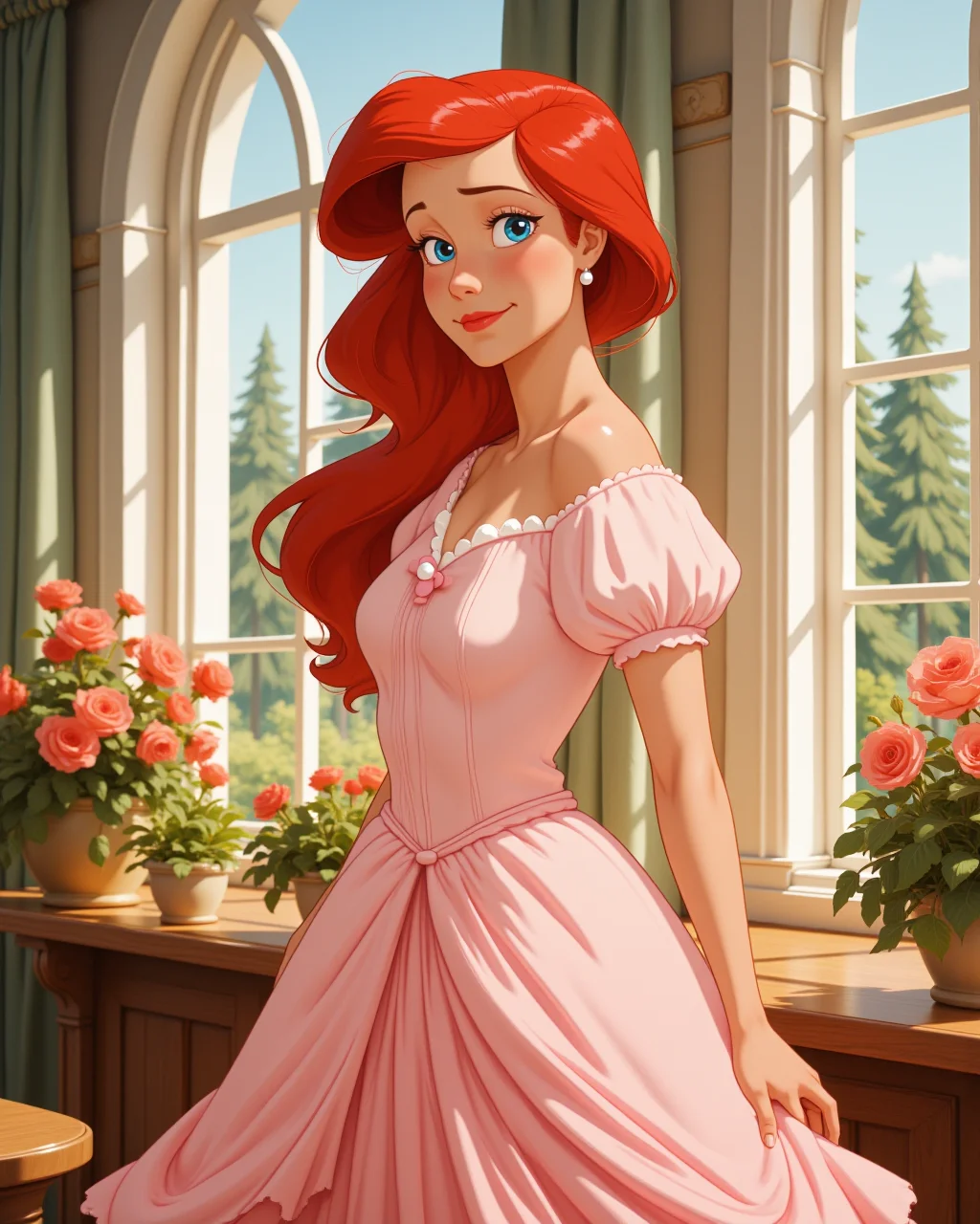 photorealistic photo in a wide shot, looking at viewer, outdoors daylight, 20 year old woman, Confident with a steady gaze, chin lifted, and a subtle smirk showing self-assurance.
<lora:Disney_-_Ariel_v2-000030:1> d-ariel a 20 year old adult woman with blue eyes and red hair.
a vibrant young woman with voluminous red hair brushed to one side, wearing a soft pink princess gown with puffed sleeves, white accents, and a flared layered skirt, small pearl earrings,
A woman stands in front of a large window in a sunroom, her eyes focused on the blooming flowers outside, while the warm sunlight pours in from all angles.