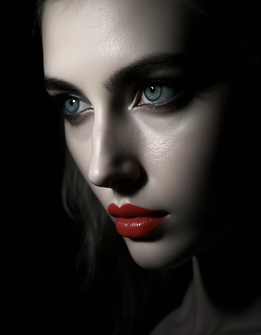 A photorealistic close-up of woman’s face, partially illuminated by a single, soft light source. Her pale skin contrasts sharply with the deep shadows surrounding her. Her hair is slicked back, revealing her high forehead and perfectly arched eyebrows. Her eyes, wide and strikingly blue, are framed by long, dark lashes. Her lips are painted a bold red, adding a touch of glamour to the otherwise stark image. The background is a deep black, making her face the sole focal point.
Aesthetics include Micro-Detail Skin Texturing, Reflective Eye Highlights,Smooth Transition of Light and Shadow, Refined Eye Makeup with Gradient Shadows
