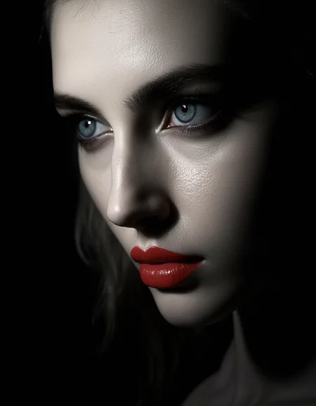 A photorealistic close-up of woman’s face,  partially illuminated by a single, soft light source. Her pale skin contrasts sharply with the deep shadows surrounding her. Her hair is slicked back, revealing her high forehead and perfectly arched eyebrows. Her eyes, wide and strikingly blue, are framed by long, dark lashes. Her lips are painted a bold red, adding a touch of glamour to the otherwise stark image. The background is a deep black, making her face the sole focal point.

Aesthetics include Micro-Detail Skin Texturing, Reflective Eye Highlights,Smooth Transition of Light and Shadow, Refined Eye Makeup with Gradient Shadows 



















