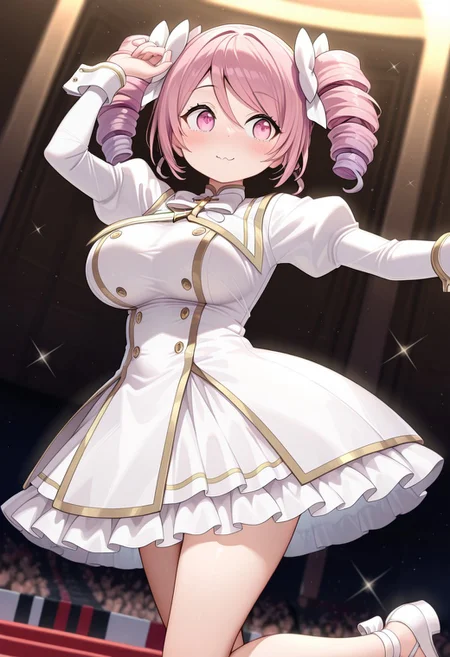 masterpiece,extremely detailed,best quality,amazing quality,newest,absurdres,highres, super detailed skin,1 girl solo,dkpino, pink hair, twin drills, short hair, pink eyes, hair bow, white bow, large breasts, white dress, gold trim, juliet sleeves, wrist cuffs, frilled dress, white bowtie, white shoes,cute, adorable, dancing , a-pose