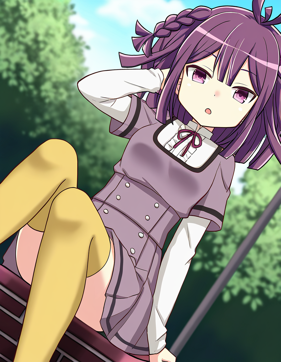 masterpiece, best quality, newest, absurdres, highres, safe, 1girl, sarasa hanna \(school uniform\), magia record: mahou shoujo madoka magica gaiden, white sleeves, yellow thighhighs, solo, sitting, open mouth, outdoors, dutch angle, <lora:sarasa_hanna_noobaiXLNAIXL_vPred10Version:0.7>