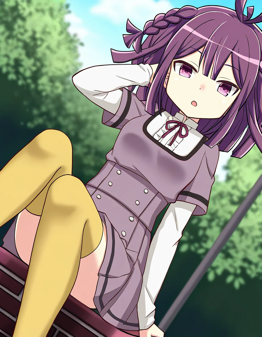 masterpiece, best quality, newest, absurdres, highres, safe, 1girl, sarasa hanna \(school uniform\), magia record: mahou shoujo madoka magica gaiden, white sleeves, yellow thighhighs, solo, sitting, open mouth, outdoors, dutch angle, <lora:sarasa_hanna_noobaiXLNAIXL_vPred10Version:0.7>