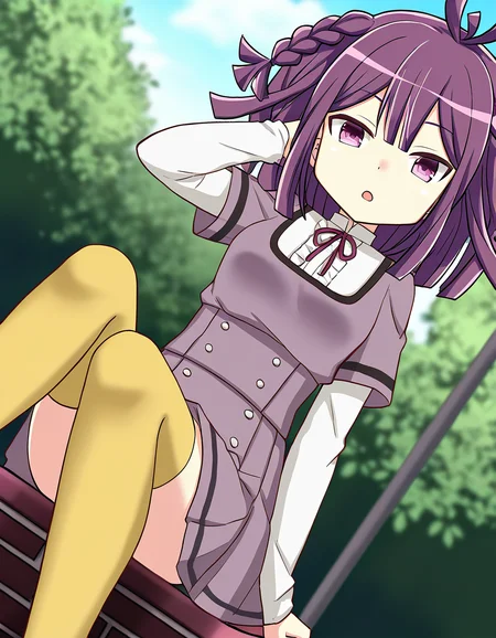 masterpiece, best quality, newest, absurdres, highres, safe, 1girl, sarasa hanna \(school uniform\), magia record: mahou shoujo madoka magica gaiden, white sleeves, yellow thighhighs, solo, sitting, open mouth, outdoors, dutch angle, <lora:sarasa_hanna_noobaiXLNAIXL_vPred10Version:0.7>