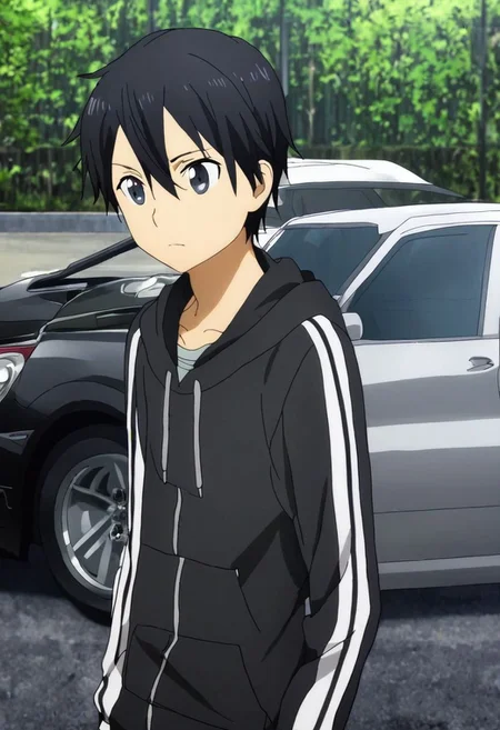 high resolution, solo, best quality, 1Boy, Kazuto Kirigaya, Black Hair, Black Eyes, lounge suit, hoodie, car garage, OverallDetail
