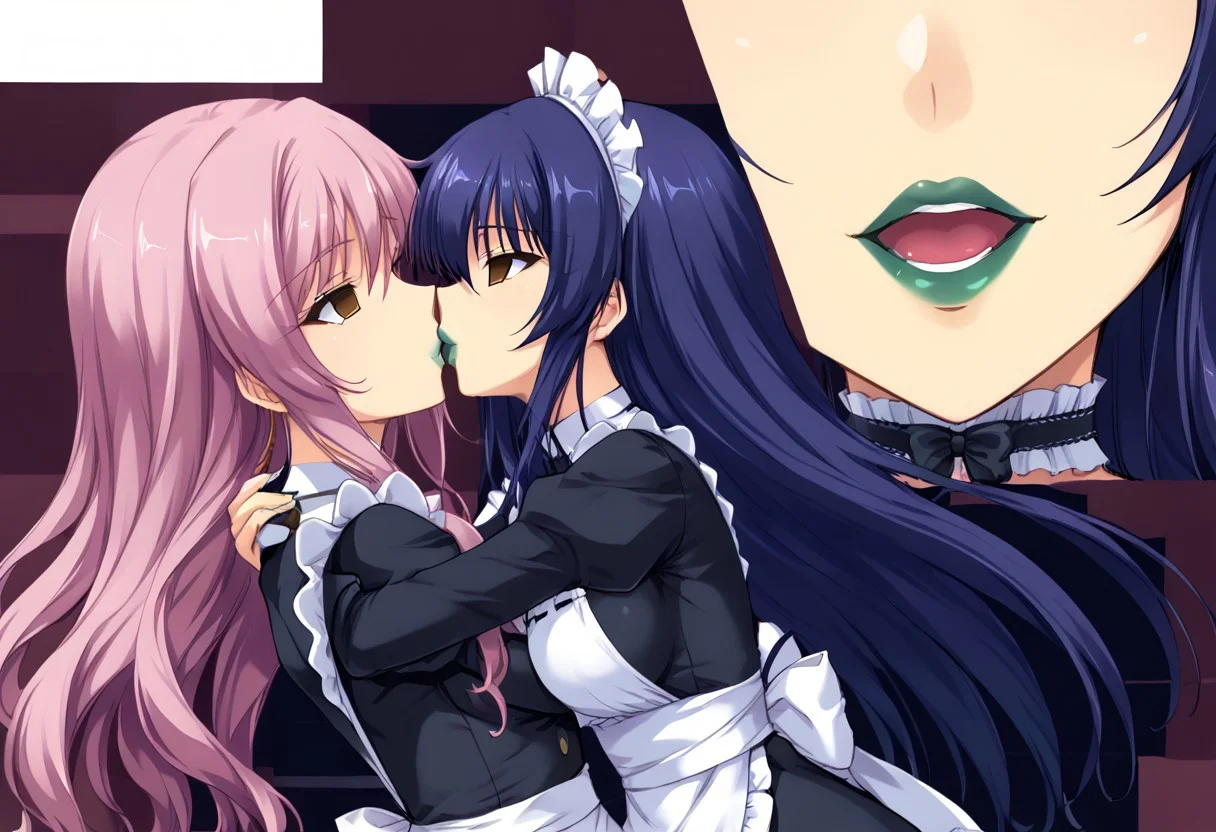 anime, empty eyes, hypnotized, blank stare, expressionless, two girls, adult, close up, lipstick, red lipstick, yellow lipstick, green lipstick, blue lipstick, purple lipstick, pink lipstick, black lipstick, long hair, maid outfit, hug, sexy, kiss, deep kiss, arched back, sex from behind