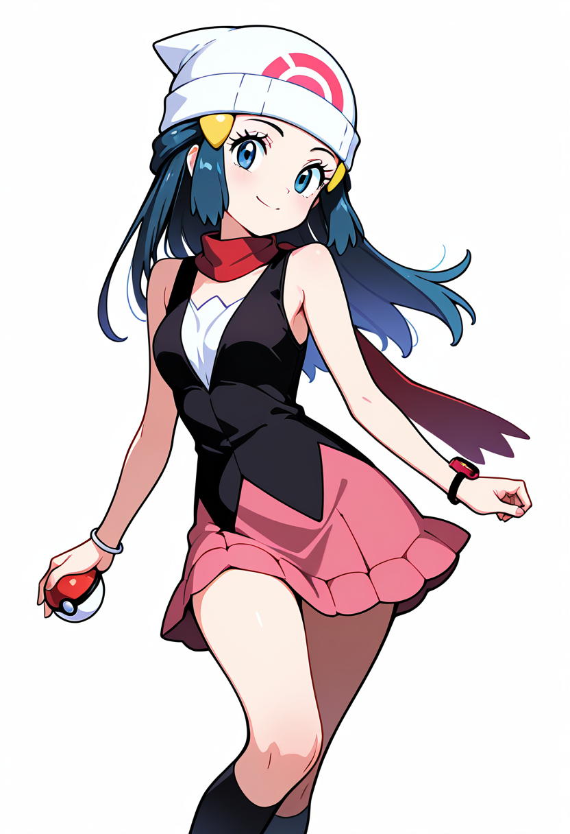 masterpiece, best quality, 1girl, solo, eyelashes, (beautiful eyes),         zzDawn, blue hair, blue eyes, sidelocks, long hair, bare shoulders, beanie, black shirt, black socks, bracelet, hat, jewelry, kneehighs, miniskirt, pink skirt, red scarf, scarf, shirt, skirt, sleeveless, sleeveless shirt, white headwear, smile, looking at viewer, cowboy shot, dynamic pose, holding  pokeball,    <lora:DawnPokemone_NAI:1.0>,