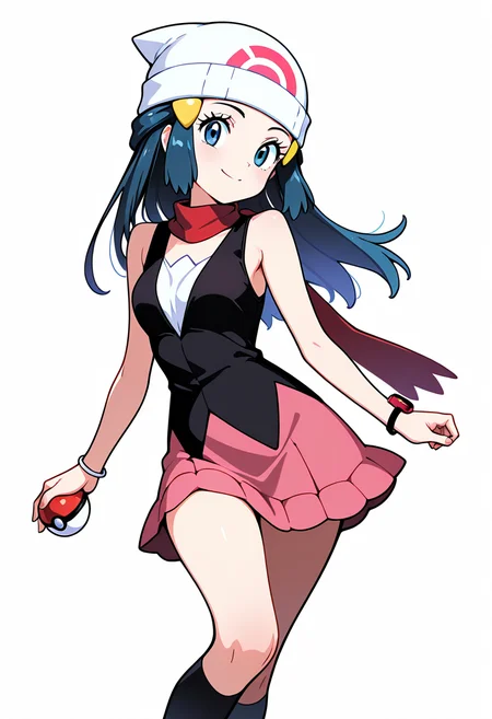 masterpiece, best quality, 1girl, solo, eyelashes, (beautiful eyes), zzDawn, blue hair, blue eyes, sidelocks, long hair, bare shoulders, beanie, black shirt, black socks, bracelet, hat, jewelry, kneehighs, miniskirt, pink skirt, red scarf, scarf, shirt, skirt, sleeveless, sleeveless shirt, white headwear, smile, looking at viewer, cowboy shot, dynamic pose, holding pokeball, <lora:DawnPokemone_NAI:1.0>,