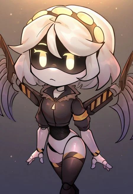 (masterpiece, high quality, highly detailed, best quality), SD-V, 1girl, solo, robot girl, humanoid robot, robot joints, hairband, short white hair, yellow eyes, solid circle pupils,fur-trimmed black jacket, armband, mechanical wings,
chibi girl, small