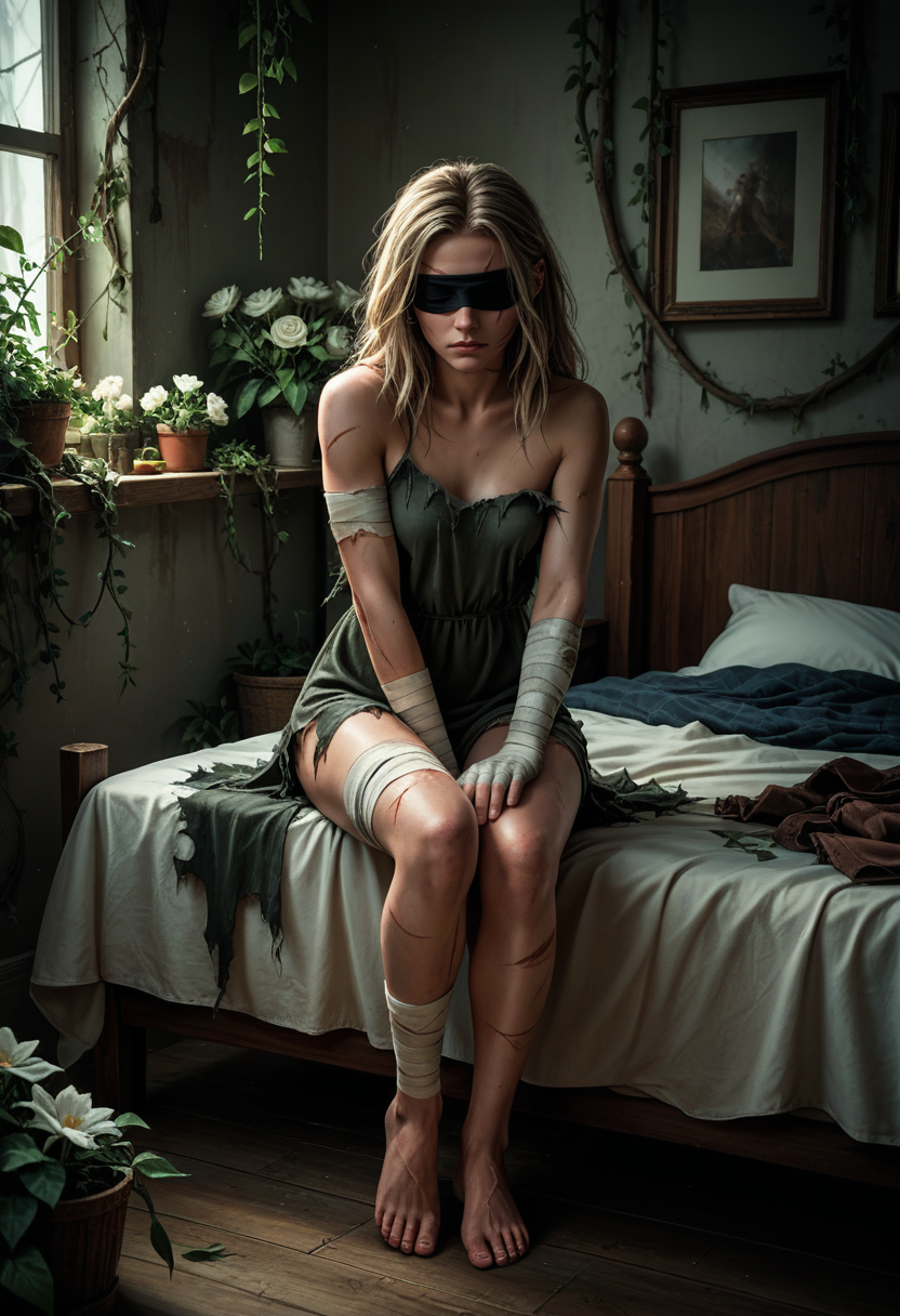 score_9, score_8_up., score_7_up, score_6_up, source_anime, absurdres,
indoors, overgrowned, bedroom, flowers, white flowers, vines, 1girl, wide shot, blindfold, small breasts, bandage arms, bandage legs, torn dress, sitting on bed, scars on face, scars on legs, volumetric lighting, dark, (realistic)
