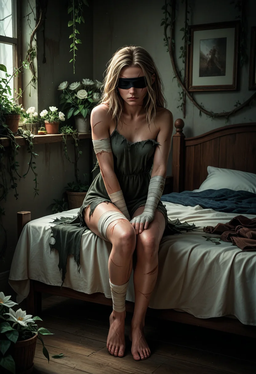 score_9, score_8_up., score_7_up, score_6_up, source_anime, absurdres,
indoors, overgrowned, bedroom, flowers, white flowers, vines, 1girl, wide shot, blindfold, small breasts, bandage arms, bandage legs, torn dress, sitting on bed, scars on face, scars on legs, volumetric lighting, dark, (realistic)