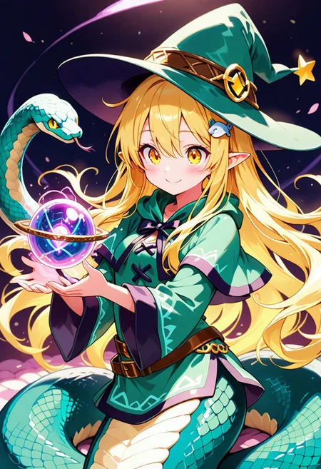 masterpiece, ultra-detailed, best quality, 8K, illustration, absolutely eye-catching,  
1girl, solo, sn4ke, snake girl, lamia,
cute girl,  
BREAK 
cute, teenage, pointed ears, smile, highly detailed beautiful face and eyes, long hair, hair ornament, mage tunic, magic orb, mage hat, holding a brilliant magic orb, snake tail, kawaii, excited, coiled snake body, detailed,