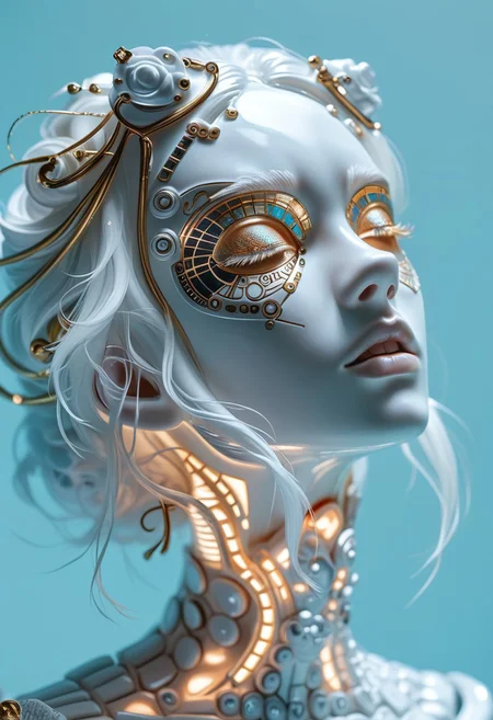 score_9, score_8_up, score_7_up, BREAK,a hyperrealistic, futuristic portrait of an beautiful young woman with luminescent, porcelain-white skin, her face tilted back in an expression of serene euphoria; their platinum-white, slightly tousled hair bob with sharp bangs catches the light, individual strands visible against a striking, deep electric blue background; soft, diffused lighting accentuates the ultra-smooth yet hyper-detailed skin texture, revealing fine pores and delicate creases; their closed eyes and slightly parted lips convey a sense of transcendence and dreamlike introspection; the composition is captured from a low-angle perspective, emphasizing the elegant contours of their elongated neck and sharp jawline; the overall aesthetic blends high-fashion editorial photography with cyberpunk surrealism, evoking a futuristic, almost post-human beauty. The hyper-detailed skin texture, including visible pores and fine creases, adds a photorealistic element despite the surreal color grading.The image is dominated by cool tones—pale silver-white skin contrasts starkly with the vibrant, deep blue background. ctdrm, dreamy