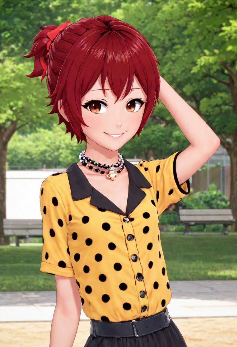 1girl,short hair,at the park,win red hair,gyaru,polka dot, miku,flat chested,clothes around waist, nail polish, jewelry, looking at viewer, bracelet, animal print, arms behind head, red hair, smile, wrist scrunchie, choker, polka dot, outdoors